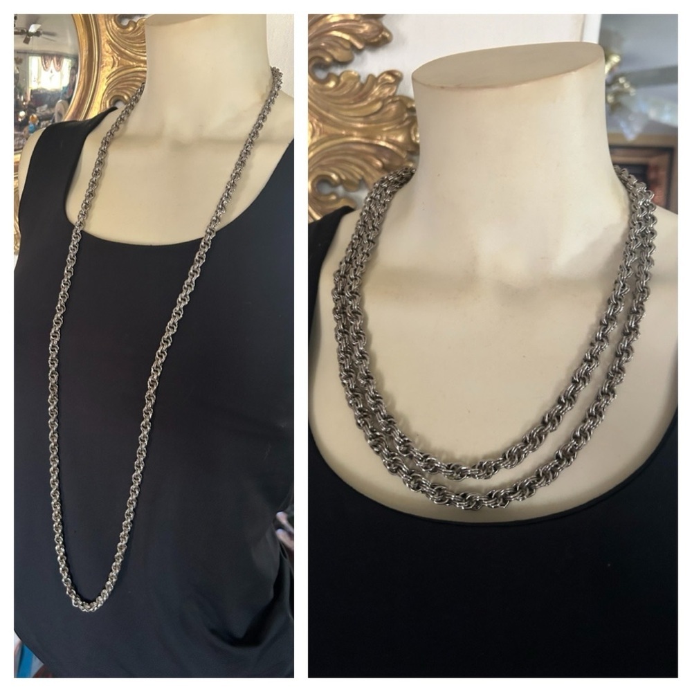 Long Vintage Silver-tone Twisted Ripe Chain Necklace
